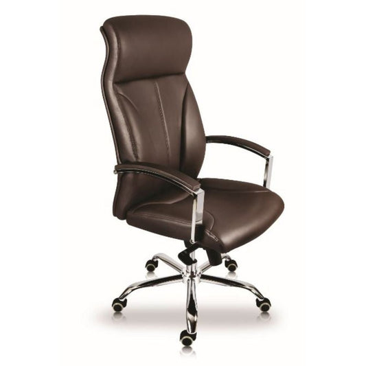 Silla directiva Nogal Beat Zaid color chocolate tapizada en piel con respaldo de madera y base cromada