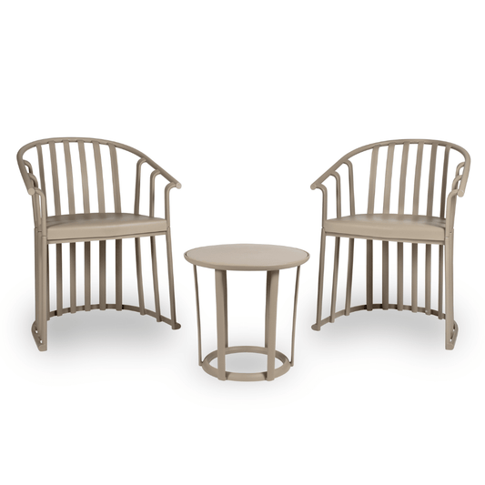 Set de sala Resol Raff con dos sillones y una mesa en fibra de vidrio y PP con protección UV